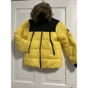 Avalanche Faux fur Hooded Puffer Jacket Women's  M Yellow Insulated Zip Snow